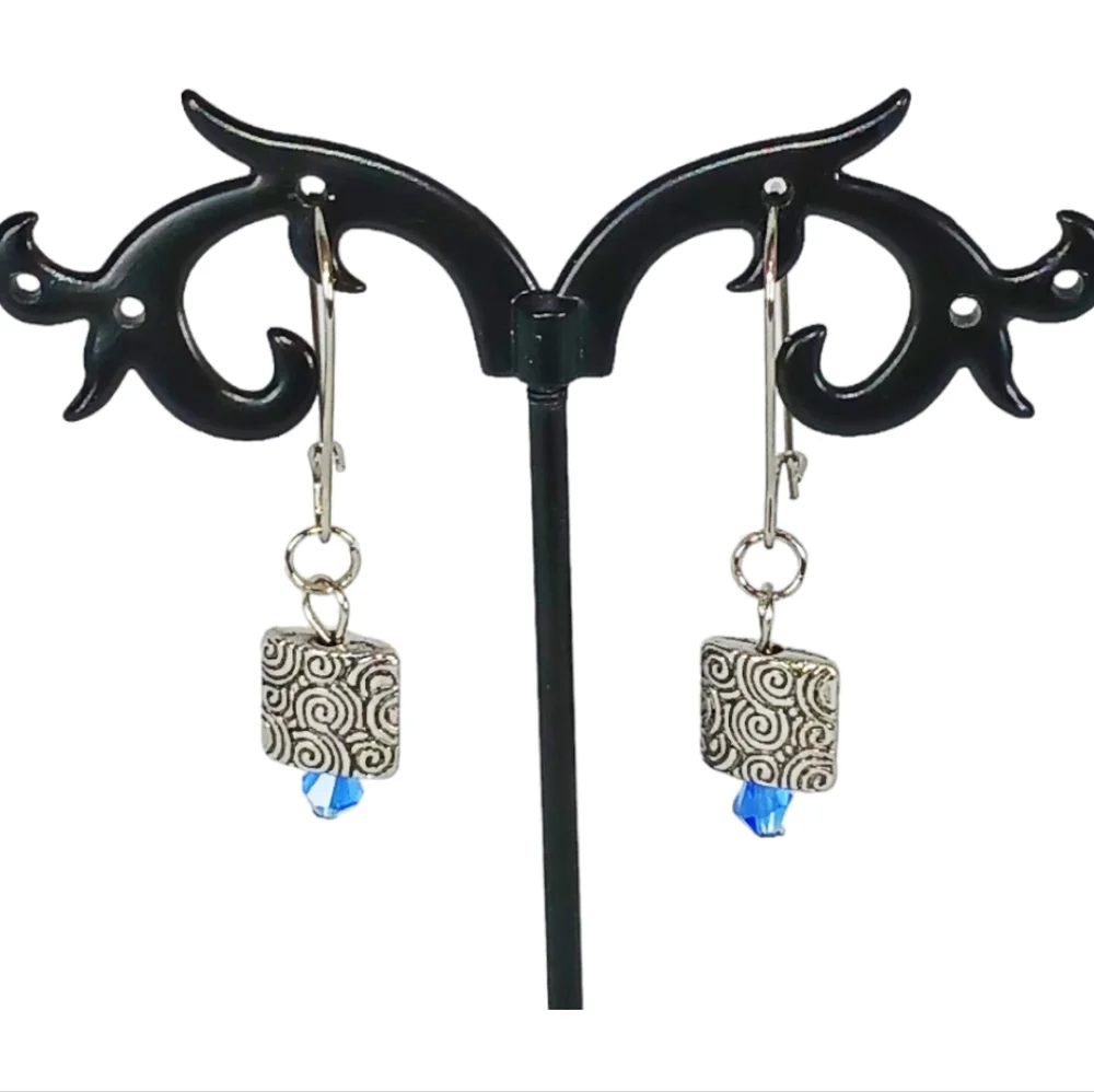 Hypoallergenic Stainless Steel Earrings Silver Scrolls Blue Beads Boho Eclectic